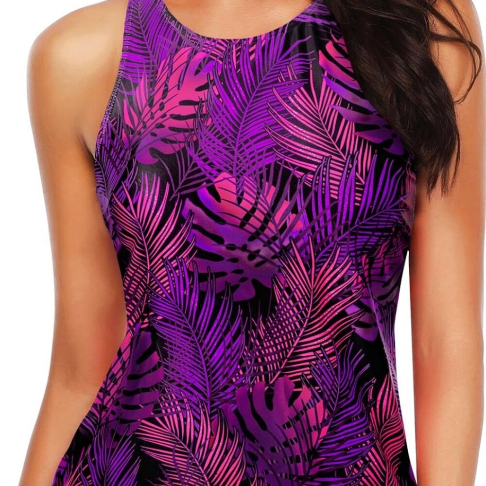 Holipick Purple Leaf High Neck Tankini Swimsuit XL